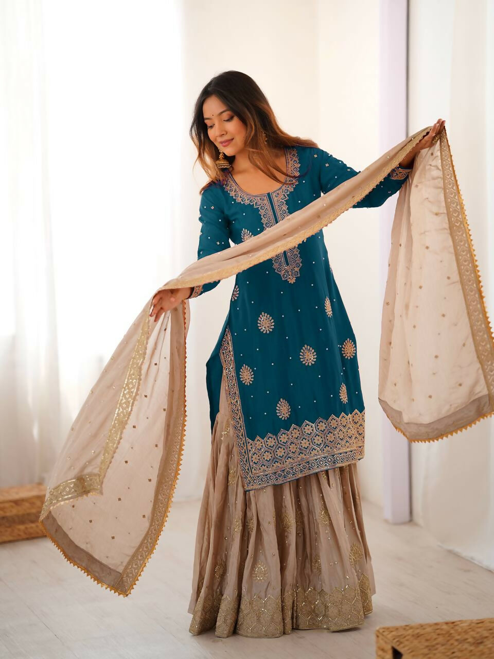 Lehenga Mart Designer Sharara Suit With Kurta, Sharara, Dupatta For Women-Teal Blue - Distacart