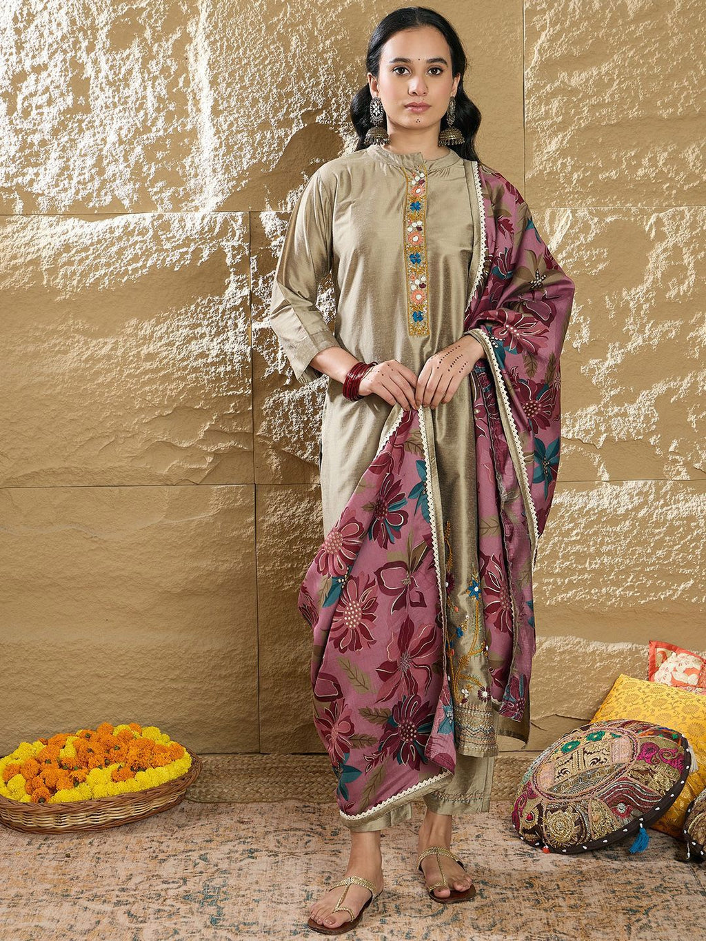 Indo Era Women Floral Embroidered Regular Thread Work Kurta with Trousers & Dupatta - Distacart