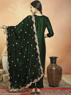 Jyoti Fashion Women's Green Velvet Cording with Resham Thread & Sequin Kurta with Trouser & Dupatta