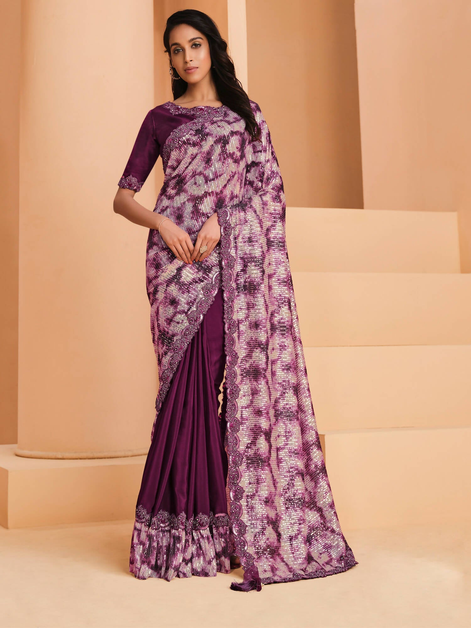 Purple Satin Crepe Silk Sequence Embroidered Saree With Unstitched Blouse - Mohmanthan Yavanika