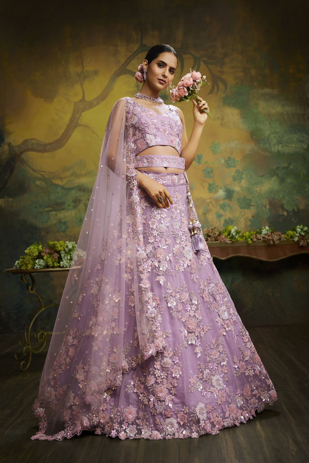 House of Panchhi Mauve Net Sequins with heavy Zarkan embroidery Lehenga choli & Dupatta