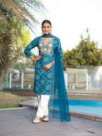 Joban Fashion Blue Cotton Premium Pure Viscose Print Dola With Handwork Kurta set