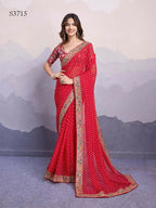 Red Georgette Bandhani Printed,Embroidery Work Saree - Surkhi