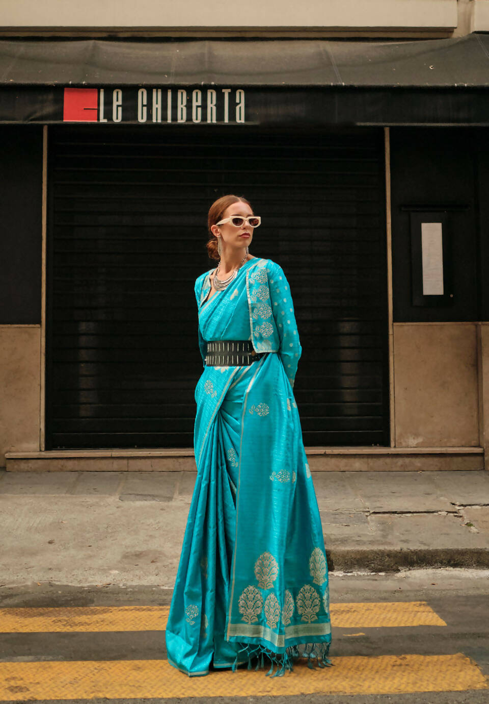 Firozi Blue Weavead Thread & Zari Work, Handloom Weaving Banarasi Satin Silk Saree - Rajtex Kronicle Silk