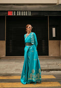 Firozi Blue Weavead Thread & Zari Work, Handloom Weaving Banarasi Satin Silk Saree - Rajtex Kronicle Silk
