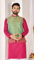 Anaita Green Cotton Straight Kurta Pajama & Koti With Jequard Work