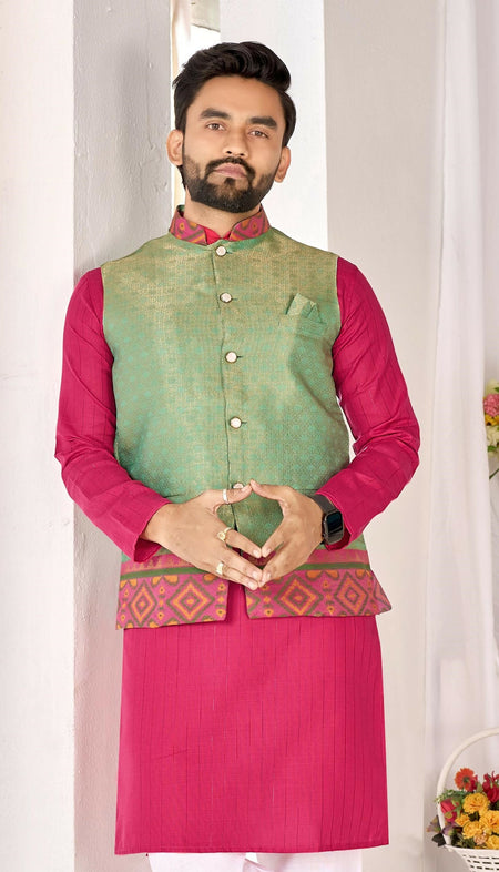 Anaita Green Cotton Straight Kurta Pajama & Koti With Jequard Work