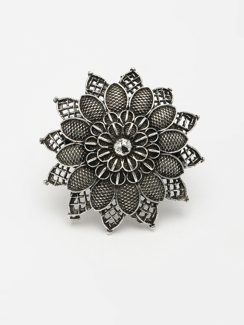 NVR Women's Silver-Toned Floral Shape Adjustable Finger Ring