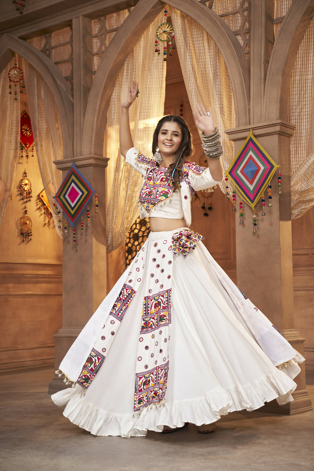 White Viscose Rayon Thread Embroidered Work With Mirror All Over Navratri Lehenga Choli With Dupatta - Raas