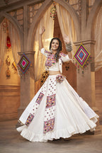 White Viscose Rayon Thread Embroidered Work With Mirror All Over Navratri Lehenga Choli With Dupatta - Raas