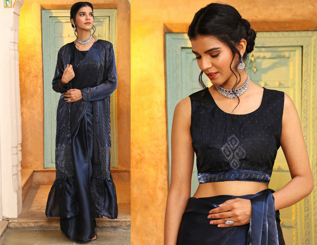 Navy Blue Tom Silk Plain Ready To Wear Saree With Stitched Blouse - Satiksha