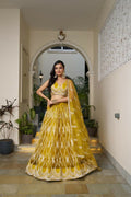 Aastha Fashion Mustard Yellow Butterfly Net White Cotton Thread Work And Sequence Work Embroidery Wedding Wear Lehenga Choli