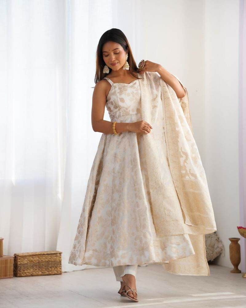 Lehenga Mart Designer Anarkali Suit With Kurta, Pant, Dupatta For Women-Off White - Distacart