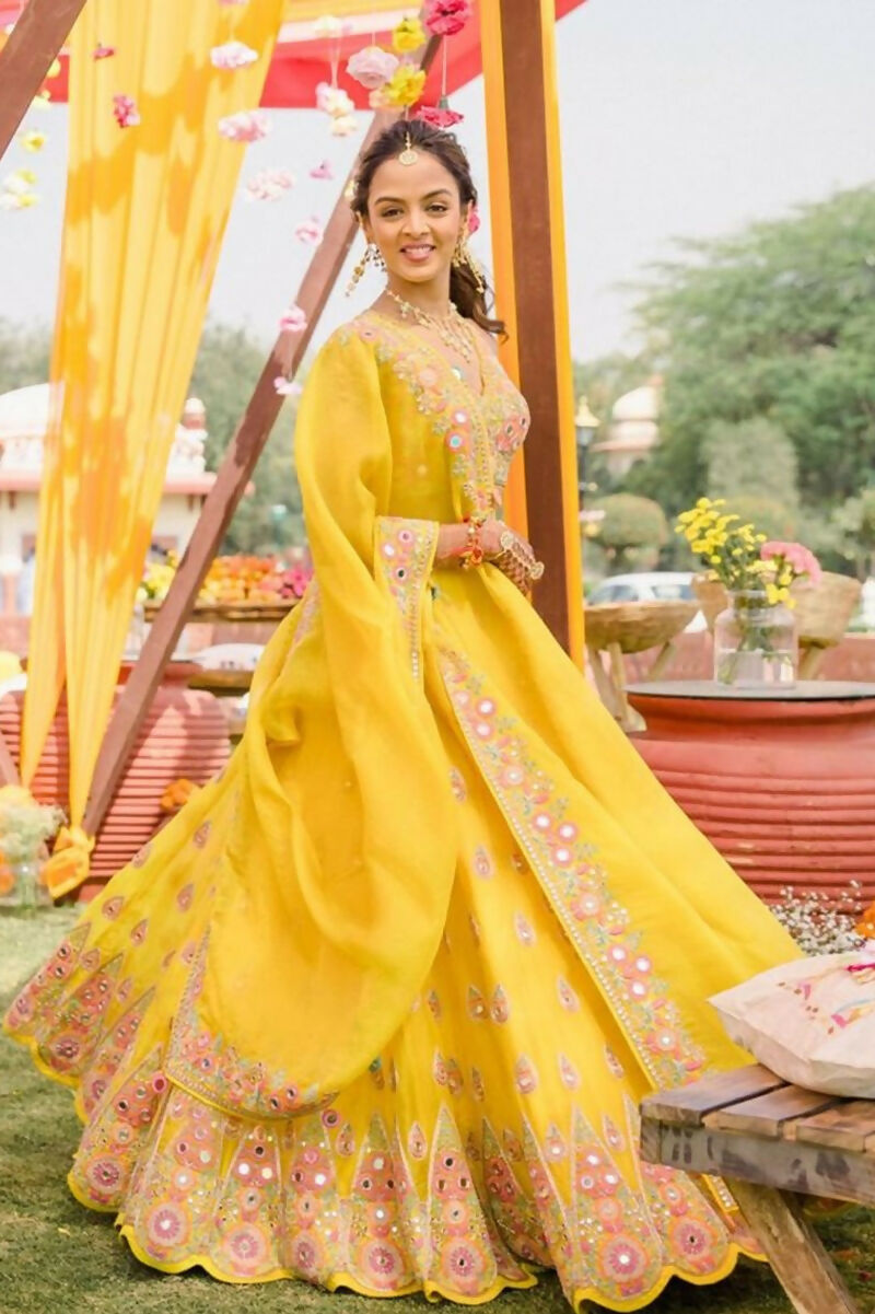 Jyoti Fashion Yellow Thread with Mirror Embroidery Georgette Lehenga Choli with Dupatta