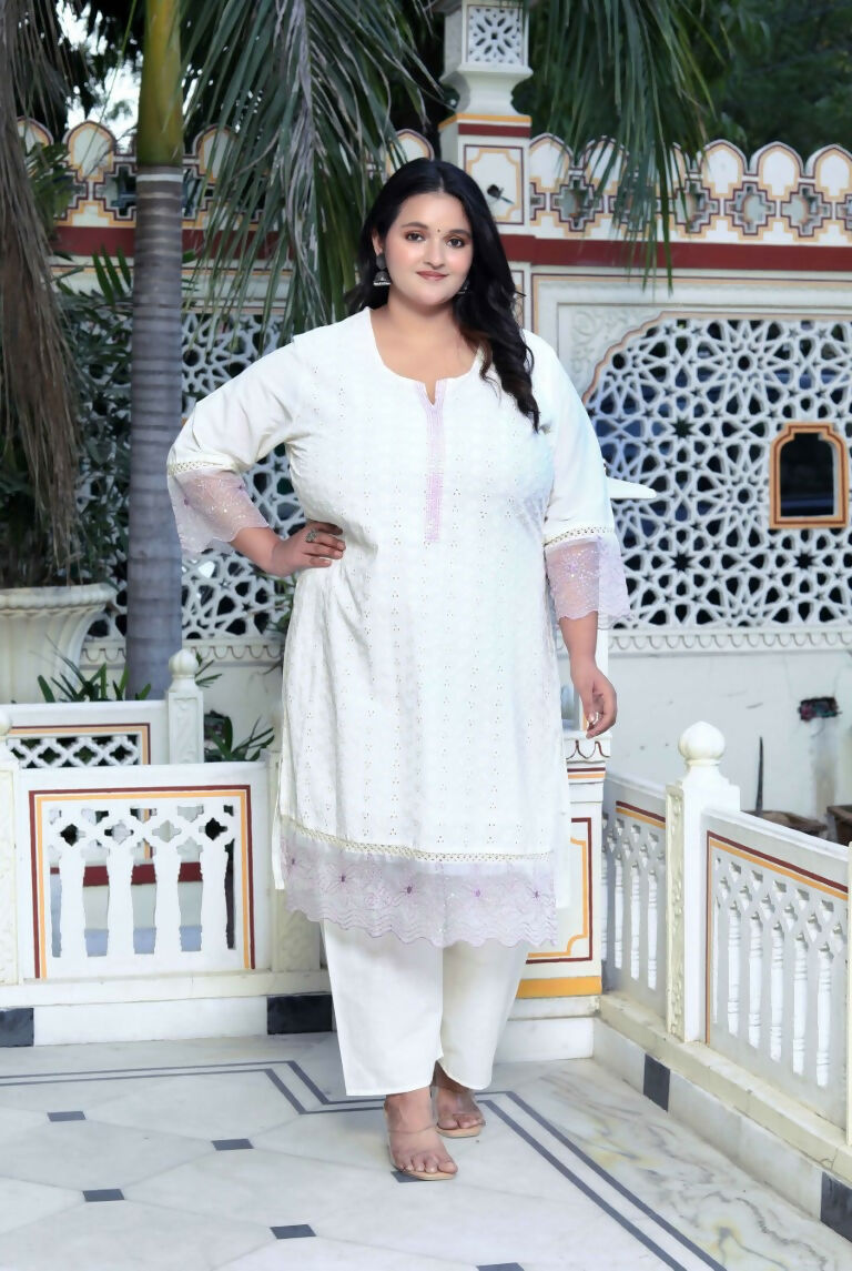 Miravan Women's Plus Size Organza Cotton Chikankari Embroidered With Purple Sequence work Jaipuri Suit Set