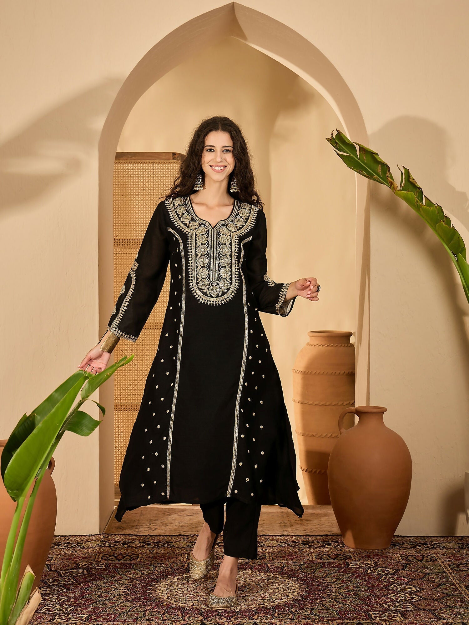 Joban Fashion Embroidery Black Vichitra Silk Kurta Set - Distacart