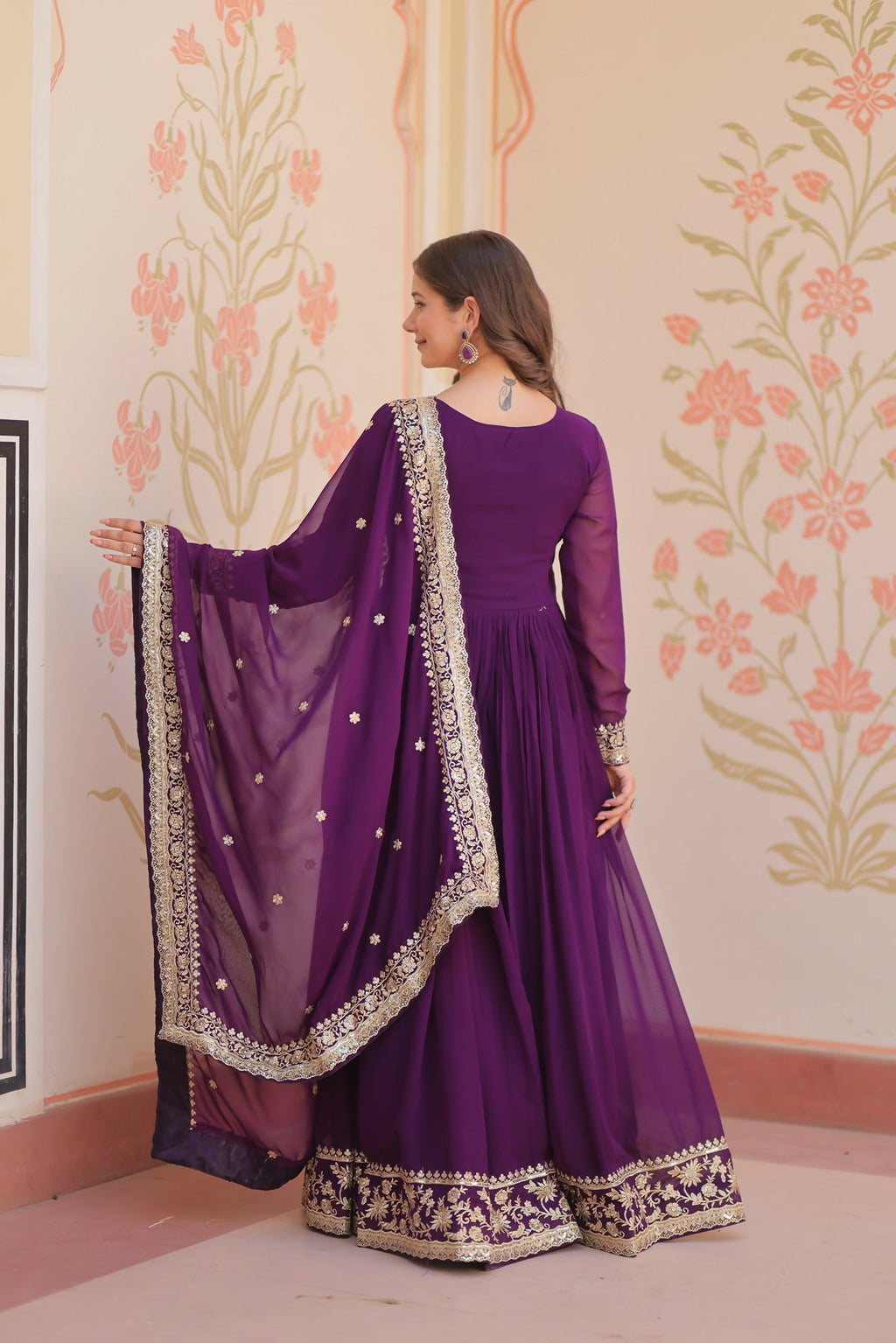 Joban Fashion Purple Georgette Sequence Embroidery Work Kurta Set - Distacart