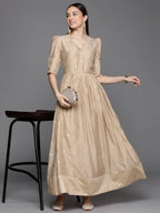 Ahalyaa Women's Beige Chanderi Gold Foil Print Dress - Distacart