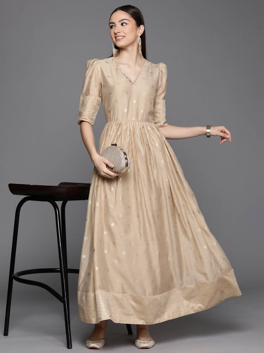 Ahalyaa Women's Beige Chanderi Gold Foil Print Dress - Distacart