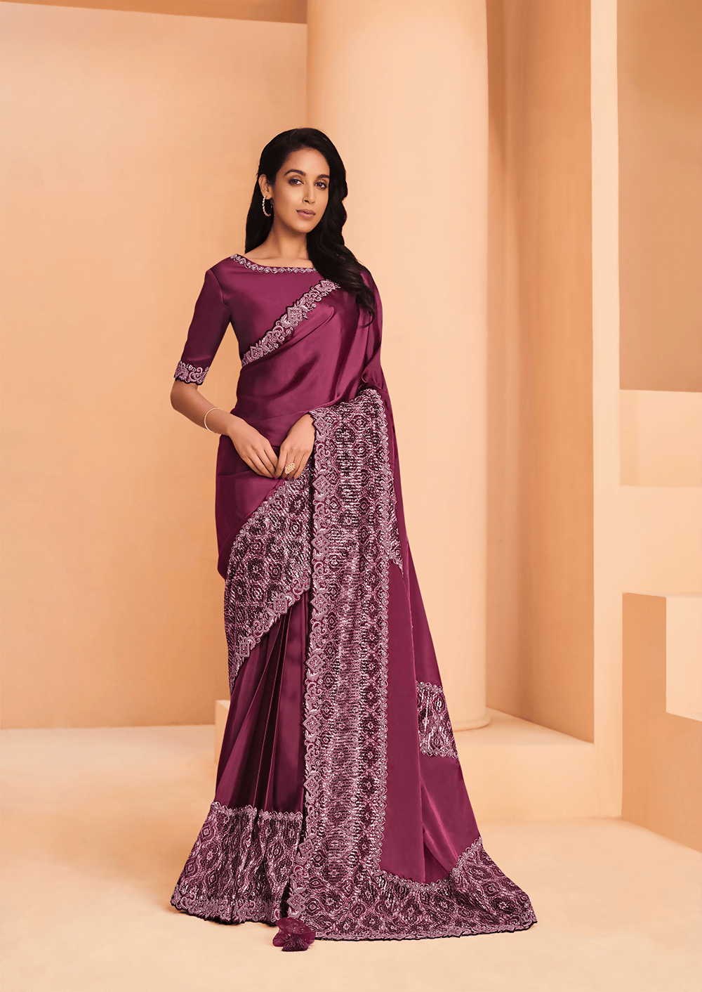 Maroon Satin Crepe Silk Embroidery with Digital Sequence Work Saree - Norita Helly