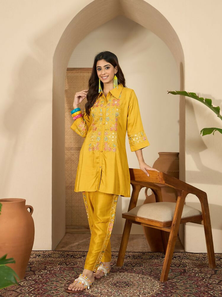 Joban Fashion Women Mustard Roman Silk Embroidered Stitched Kurta Set - Distacart