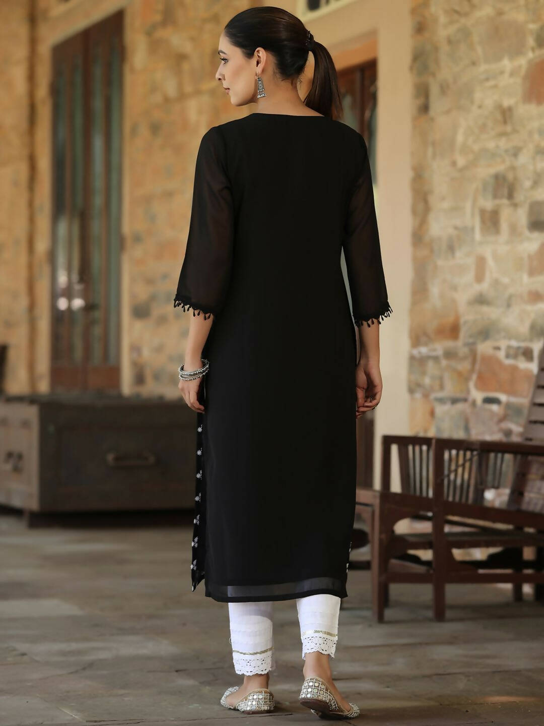 Juniper Women's Black Georgette Printed Kurta - Distacart