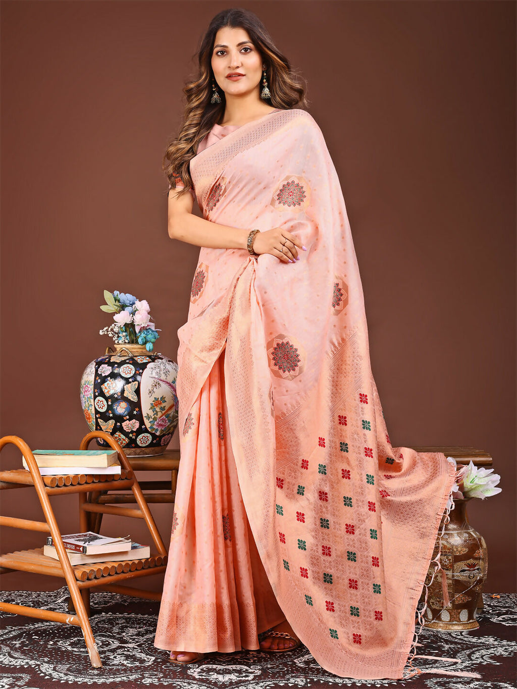 Shree Shyam Fashion Neerja Peach Linen Cotton Saree