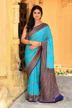Joban Fashion Sky Blue Crepe Chiffon Pure Handloom Banarasi Silk Saree