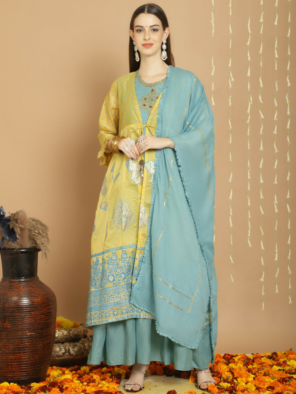 Jyoti Fashion Women's Yellow Chanderi Silk Elegant Jardoshi Kurta with Trouser & Dupatta