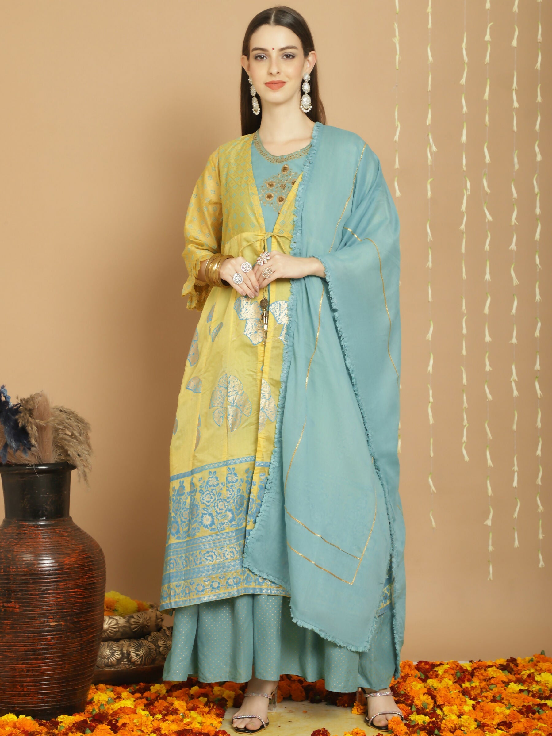 Jyoti Fashion Women's Yellow Chanderi Silk Elegant Jardoshi Kurta with Trouser & Dupatta