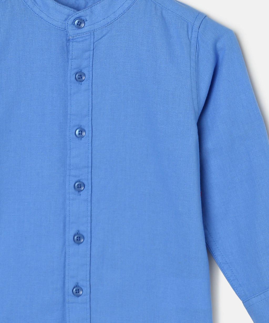 Manet Boys Mandarin Collar Full Sleeves Melange Shirt - Light Blue