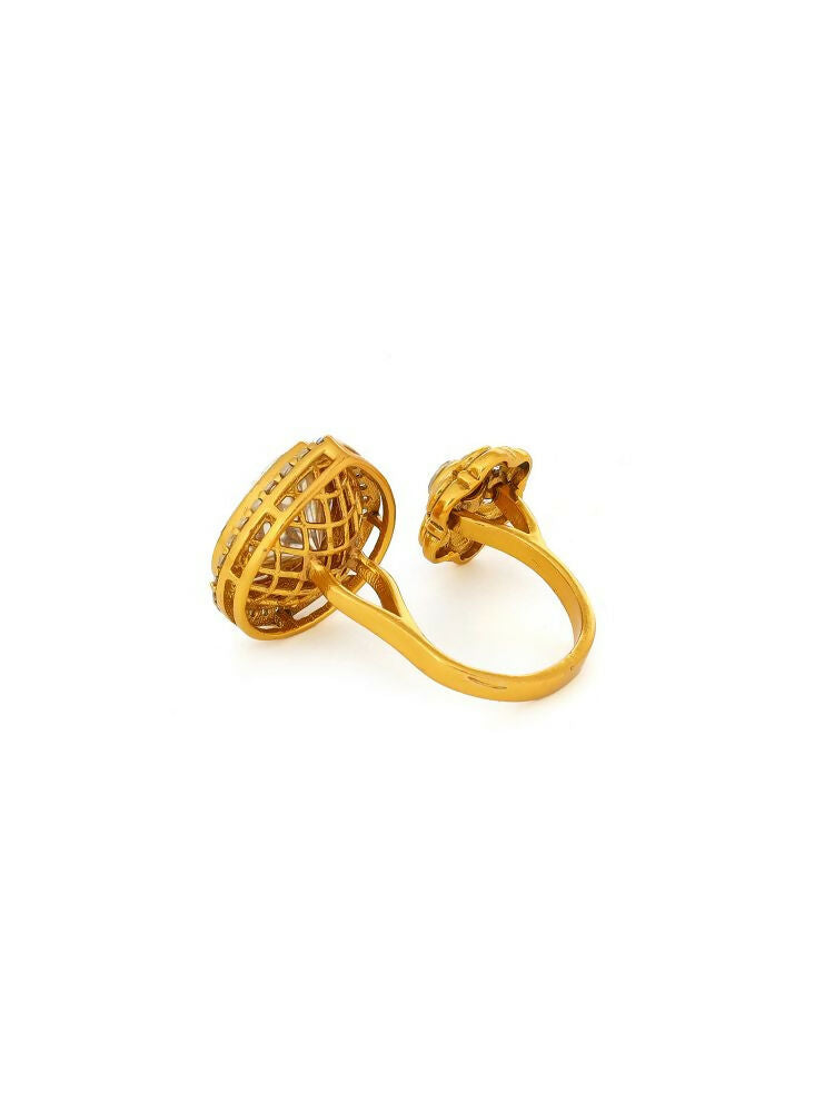 Kundan Gold Plated Hexagon and Pear Ring - Ruby Raang