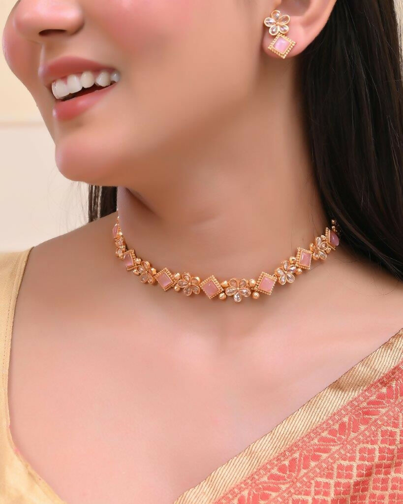 VOJ Gold Tone Kundan And Pink Stone Studded Jewellery Set