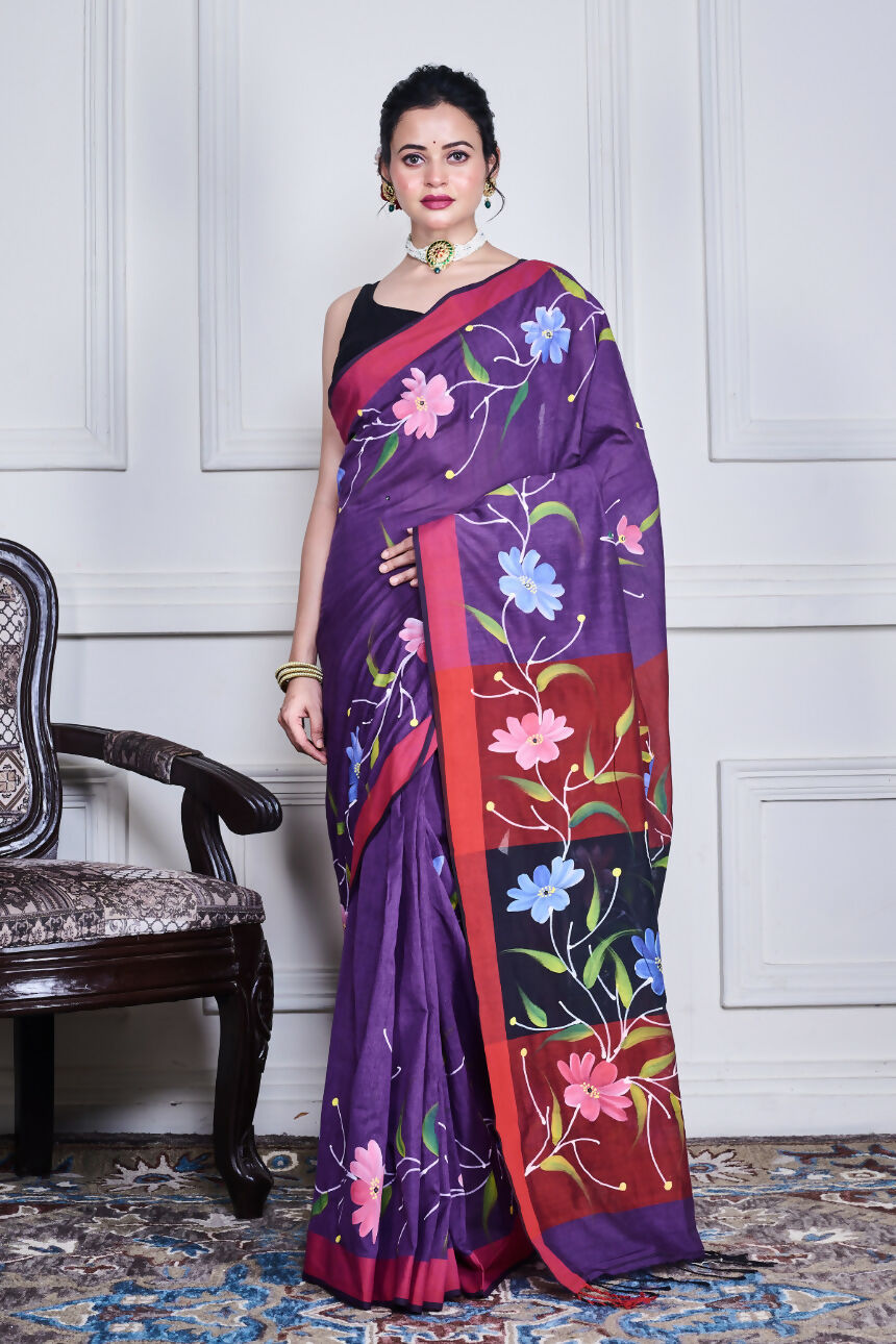 Morchari Multicolour Cotton Handloom Mirror Work Saree Unstitched Blouse - Distacart