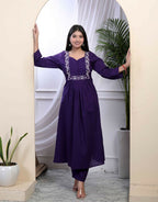 Miravan Women's Purple Embroidered Sweetheart Neck & Accordion Pleated Solid A-Line Kurta And Palazzo Set