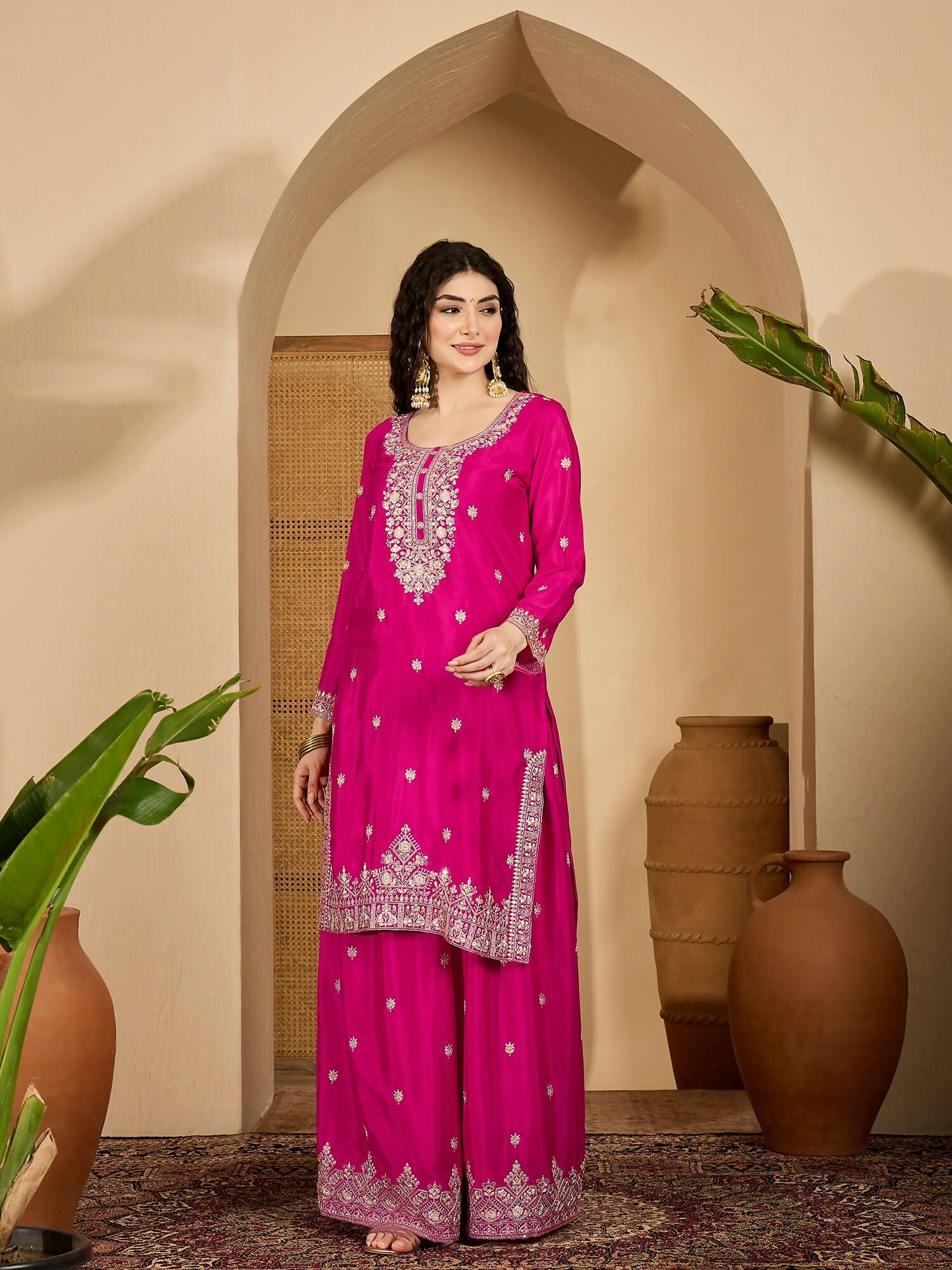 Joban Fashion Embroidery Pink Chinon Silk Kurta Set - Distacart