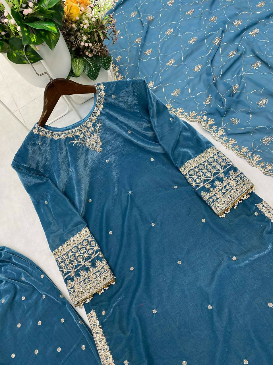 Vastranavya Blue Velvet Sequence Embroidery Work Kurta & Bottom With Dupatta - Distacart