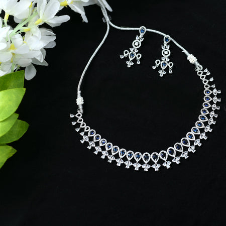 Mominos Fashion Johar Kamal Silver-Plated American Diamond Silver Blue Choker Set