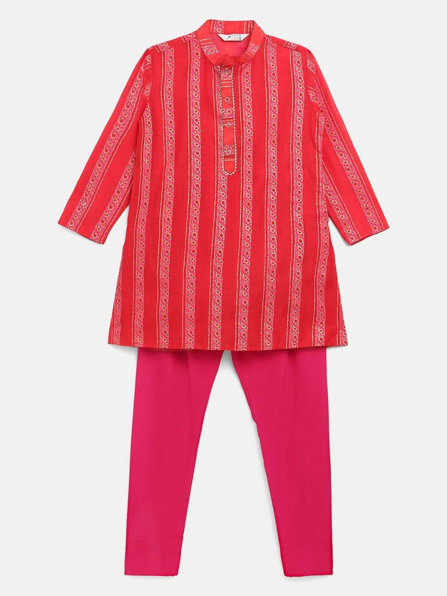 Ahalyaa Red Chanderi Khari Print Kids Kurta Churidar Set For Boys
