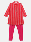 Ahalyaa Red Chanderi Khari Print Kids Kurta Churidar Set For Boys