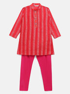Ahalyaa Red Chanderi Khari Print Kids Kurta Churidar Set For Boys