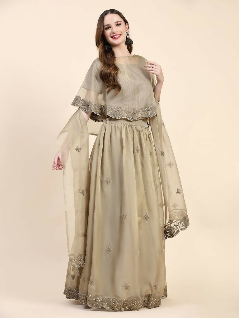 Green Silk Embroidered Poncho Pattern Top & Lehenga with Dupatta - Tanya