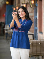 Juniper Women's Blue Solid Cotton Short Tunic With Thread & Mirror Work