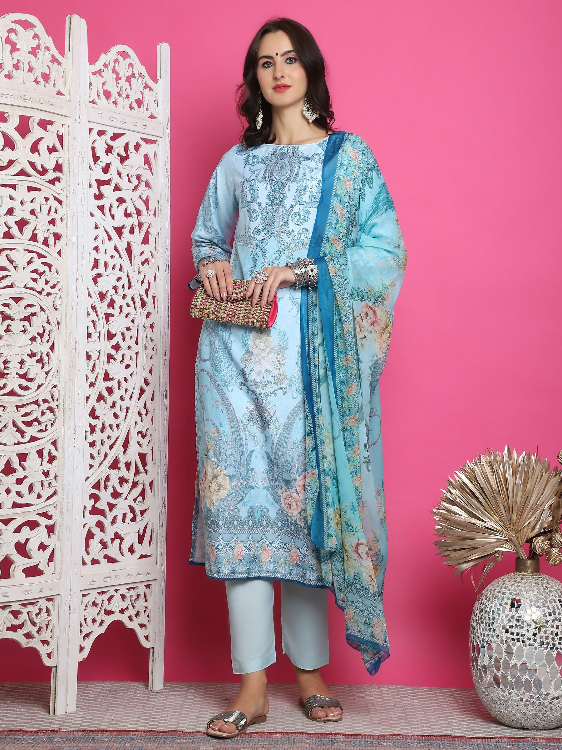 Jyoti Fashion Women's Turquoise Satin Traditional Digital Print with Crystal work Kurta with Trouser & Dupatta