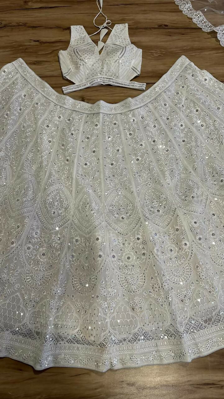 Jyoti Fashion Women's Off White Georgette Codding Thread with Sequins Embroidered Designer Lehenga Choli Set