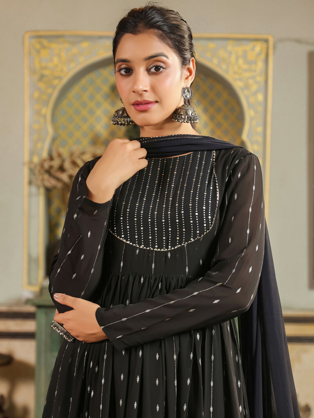 Janasya Black Georgette Foil Print Kurta,Bottom & Dupatta