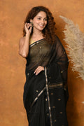 Very Much Indian Handloom Pure Cotton Silk Saree With Sleek Golden Border - Black