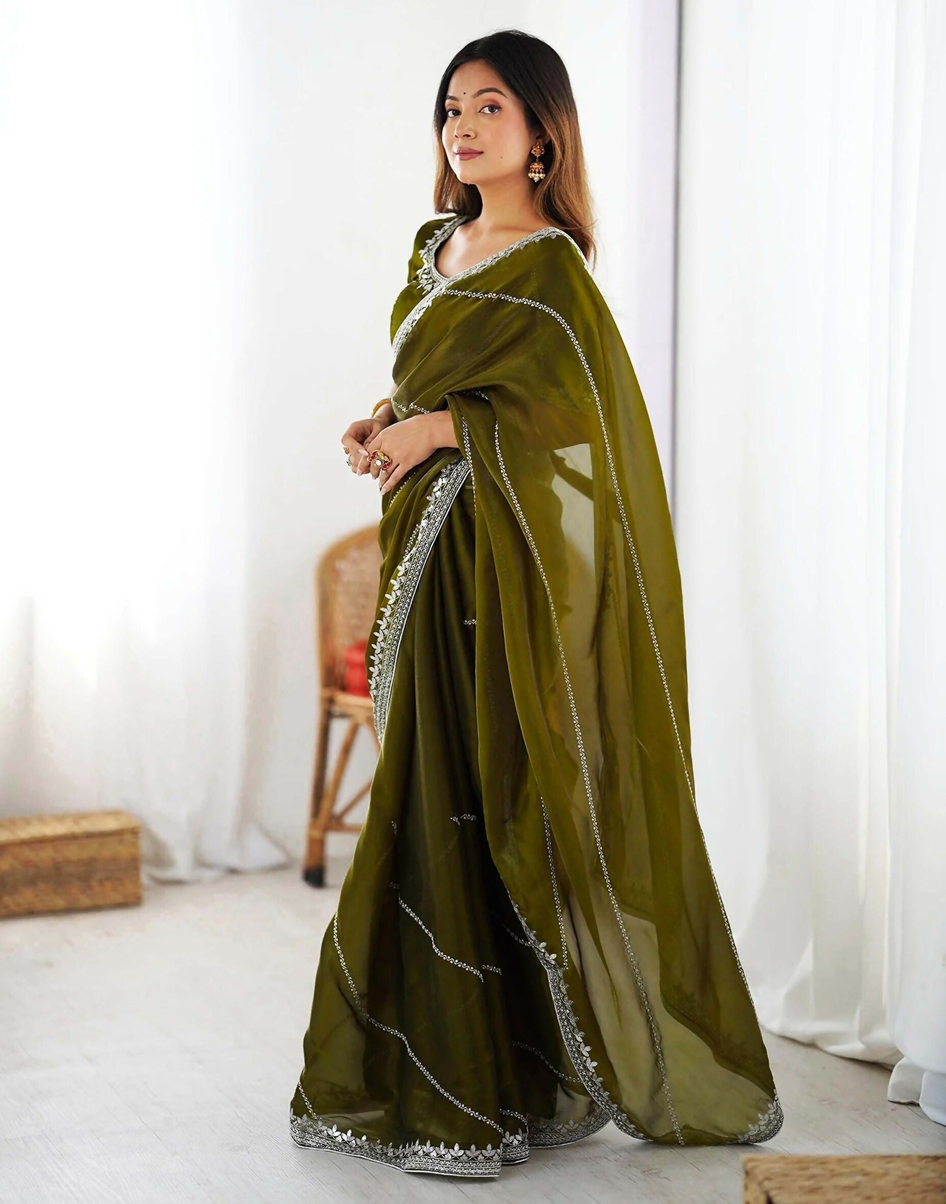 Joban Fashion Tissue Silk Olive Green Color Embroidery Saree - Distacart