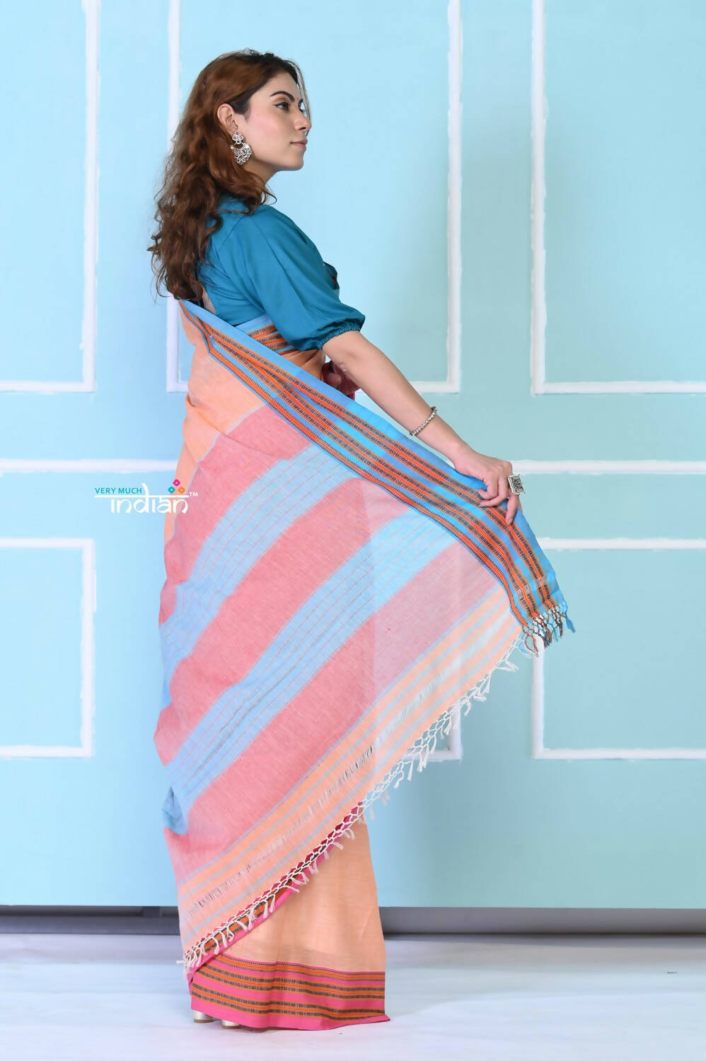Very Much Indian Traditional Patteda Anchu Ilkal Handloom Saree - Peach Tone - Distacart