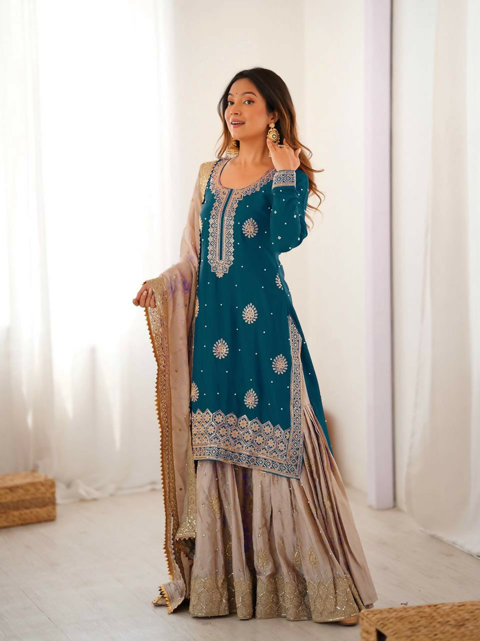 Lehenga Mart Designer Sharara Suit With Kurta, Sharara, Dupatta For Women-Teal Blue - Distacart